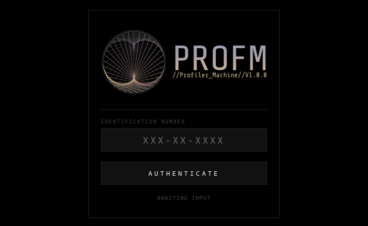 The profiler-machine mobile interface: a login screen headed PROFM, Profiler_Machine V1.0.0, with an identification number field and an Authenticate button.